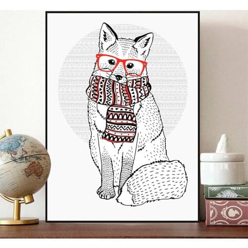 Cute Fox Wearing Hipster Glasses Retro Scarf Animal Poster Print Canvas Painting Picture Art Wall Decoration Can Be Customized