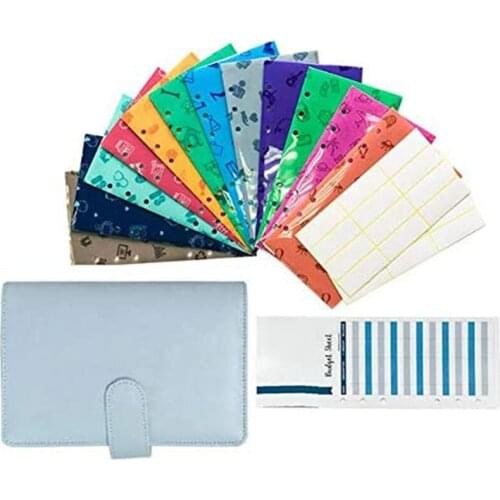 NEW-Cash Budget Envelope Wallet, 12 Perforated Vertical Opening Envelope, Binder Note for Budgeting and Saving Money Blue