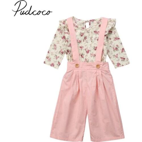 Brand New Toddler Baby Girls Princess Clothes Sets 2PCS Long Sleeve Ruffles Floral Tops+Pink Overall Pants Spring Autumn Clothes