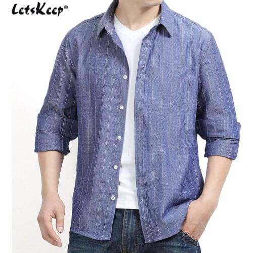 New LetsKeep 2019Mens Casual Spring plaid shirts for male striped shirts button denim blue shirt men large size L-7XL, ZA537