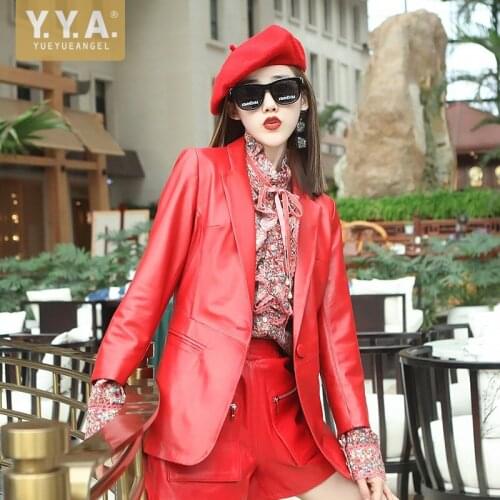 Autumn Elegant Women Soft Sheepskin Genuine Leather Suit Jacket Office Ladies Work Slim Fit Blazer Coat One Button Outwear Tops