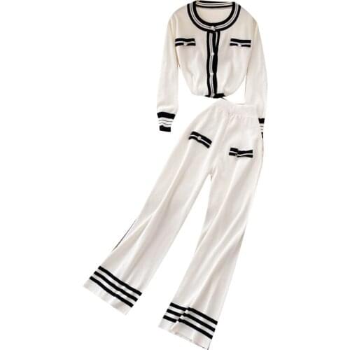 Autumn Two-piece WomensKnitted Suit Round Neck Long-sleeved Cardigan Sweater Top + High-Waist Pants Two-piece Suit