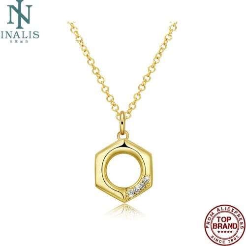 INALIS Hexagonal Round Shape Golden Necklaces With Four Clear Zircon Girl Pendant Necklace Women Fashion Jewelry Birthday Gift