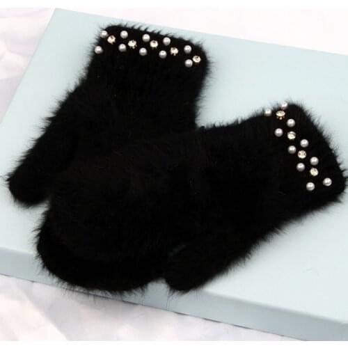2019 Fashion women winter gloves Luxury Pearl Decoration Rabbit Fur Gloves Girl fingerless gloves outdoor Female mittens luva