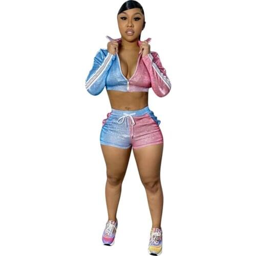 Causal Womens Set Color Patchwork two piece set women With Zipper Coat + Pants Biker Short Set Sportwear Summer Women Colthes