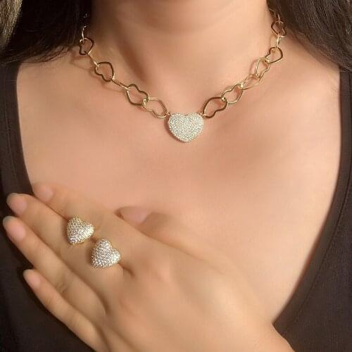 Luxury Women wedding jewelry sets gold color romantic Heart chain Choker Necklace silver color Stud Earrings bijoux lady Jewelry