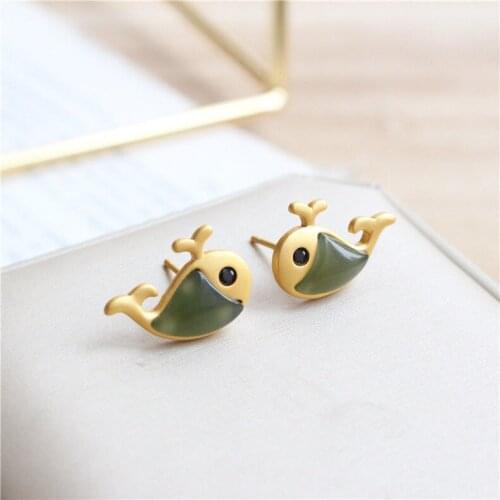 S925 Sterling Silver Jasper Carp Stud Earrings Natural Hetian Jade Earrings Fashion Simple Cartoon Versatile Ornament