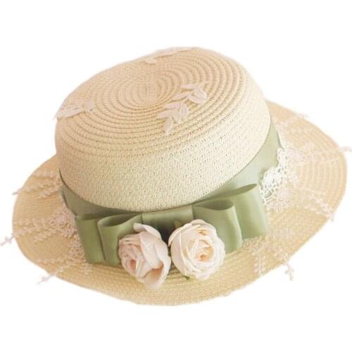 Summer Daily Elegant Lolita Girl Sunhat Mori Girl Cute Bow Lace Flower Straw Hat Cosplay Tea Party Versatile Lolita Flat-top cap