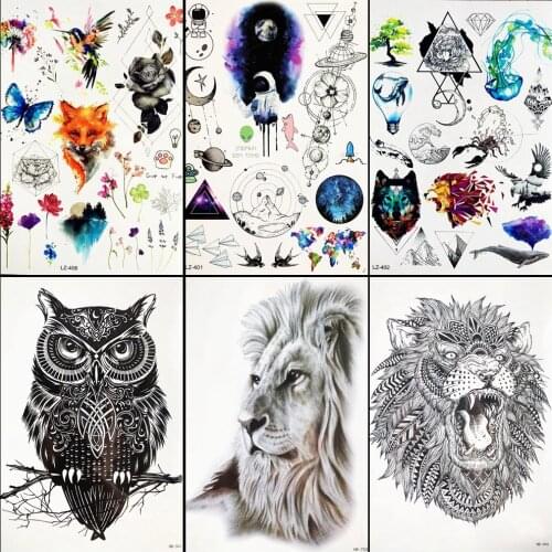 Galaxy Stars Men Chest Lion Tattoo Stickers Women Arm Planet Temporary Tattoo Black Lion Water Transfer Tattoo Cosmetic Decals
