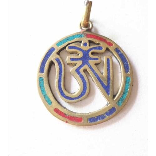TBP268 Tibetan OM Mantras Amulet Pendants brass inlaid Colorful Stone
