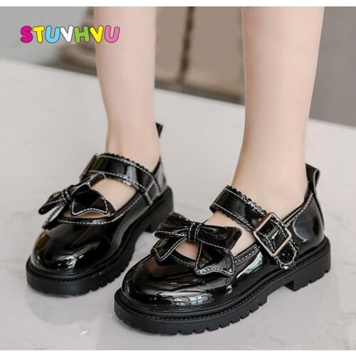 Black Leather Shoes for Girls Children School Shoes Soft Bottom Spring and Autumn New Princess Bow Little Girls Shoes Kids Flats