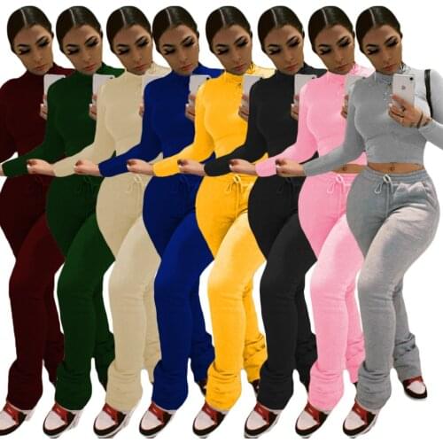 Thicken Two Piece Set Autumn Winter Women Long Sleeve Solid Sweatshirts Crop Top Skinny Stacked Pants Matching Set Streetwear