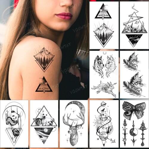 Waterproof Temporary Tattoo Sticker Forest Mountains Geometric Linear Moon Black Tatoo Leg Ankle Fake Tatto Woman Man Child