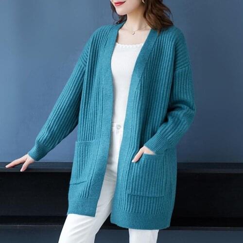Plus Size Solid Sweater Cardigans Women Casual Fashion V-Neck Pockets Knitted Coat Windbreaker Loose Female Outwear