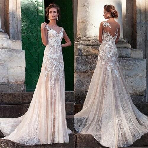 Sexy Champagne O-neck Sheath Applique Lace Wedding Dress 2021 robe de mariee Design For Bride Dresses