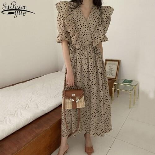 2021 Polka-dot Ruffled V-neck Chiffon Dress Short Sleeve Long Dress Vintage Pleated Dress Women Elegant Dress 13705
