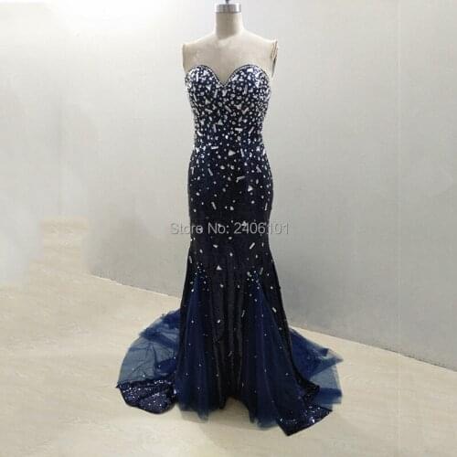 Bling Bling Crystal Sequined Mermaid Evening Gown Floor Length Dark Navy Blue Chapel Train Wedding Party Dresses