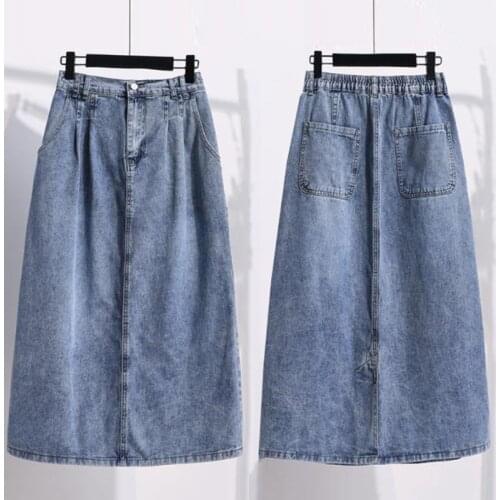 2021 Women Winter Casual Solid Denim Faldas Female All Match A-line Elastic High Waist Skirt Ladies Elegant Plus Size Skirt K251