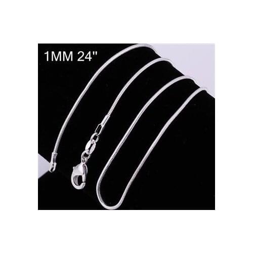 Cool 5pcs 1mm 24 inch M925 Silver color Snake Link Chain Lobster Clasp Necklace Wholesale fashion jewelry CN008