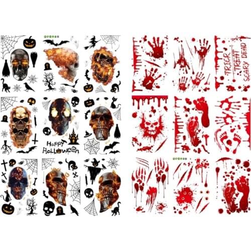 9 Sheets Halloween Fire Skull Bloody Footprints Stickers Horror Scary Zombie Party Window Wall Floor Decal Sign Clings Wholesale