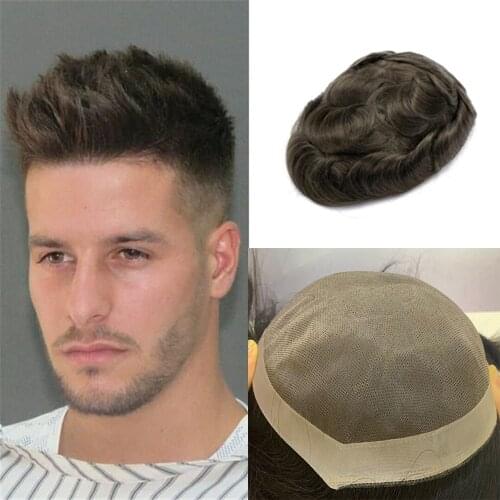 BYMC Mens toupee 6inch Remy Indian Hair French Lace With PU Wig Replacement System Human Hairpieces Toupee For Men