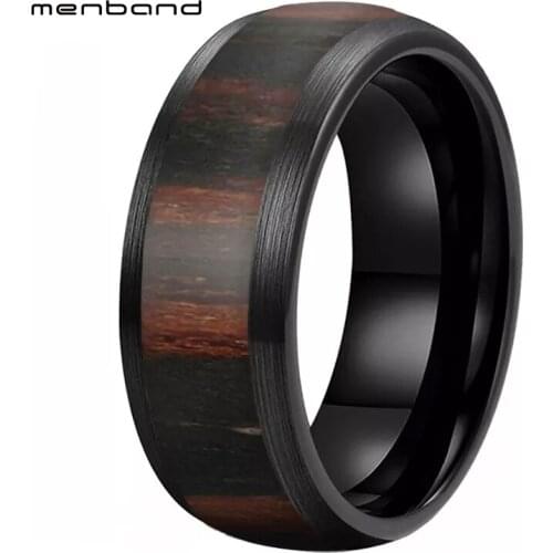 Men Women Black Tungsten Wedding Band With Dark Wood Inlay Brush Dome Band With 8MM Comfort Fit
