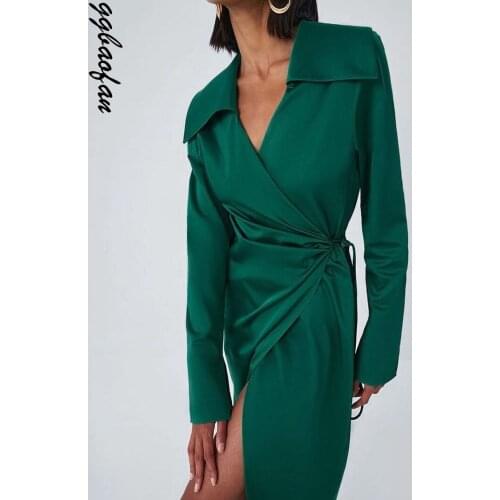 Ggbaofan Elegant Satin Long Sleeve Wrap Midi Dress Club Outfits Women Fashion Turn-down Collar Green Dress Spring Autumn