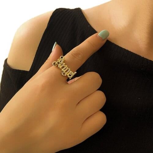 New Ins Vintage Letter Adjustable Ring Simple Creative Gold Letter Angel Rings For Women Girls Fashion Jewelry Gift