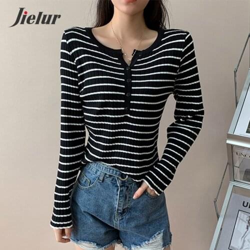Jielur Knitted Fashion Slim Long-sleeved Sweater Woman Top Retro Contrast Color Striped Knitwear Autumn Winter Female Pullover