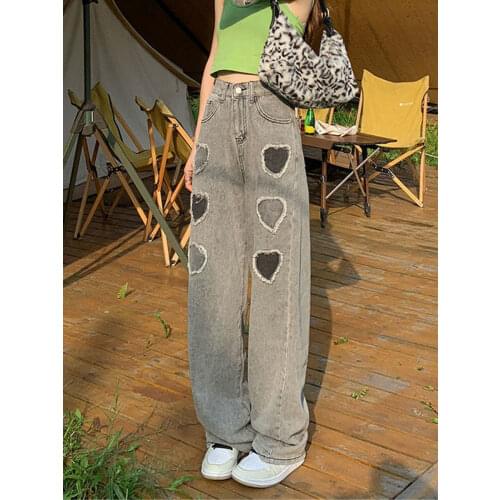 Cute Heart Print Pants Funny Wash Jeans Women Spring 2021 New High Waist Funny Straight Gothic High Street Skeleton Denim Pants