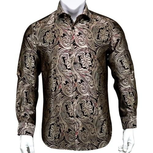 Hi-Tie Carbon Long Sleeve Casual Shirts For Men Red Floral Paisley Mens Shirts Silk Casual Male Party Wedding Jacquard Dress