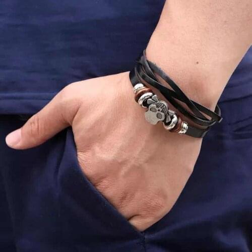2021 cool man Bracelet retro Brown Leather woven double cuff Charm Bracelet bronze skull head rivet man