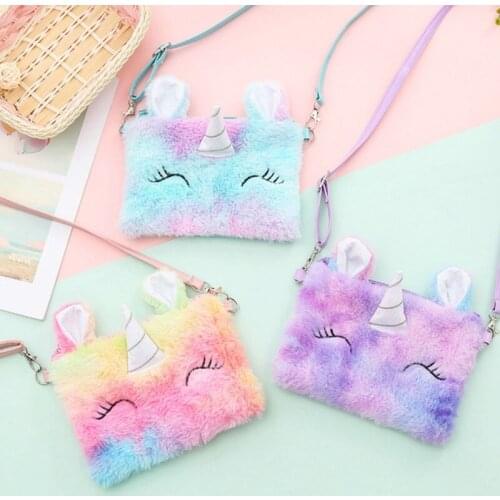 Soft Fur Unicorn Coin Purse Cartoon Shoulder Bag Cute Plush Purses Lovely Handbags Girls Women Money Change Strap Wallet Pouch
