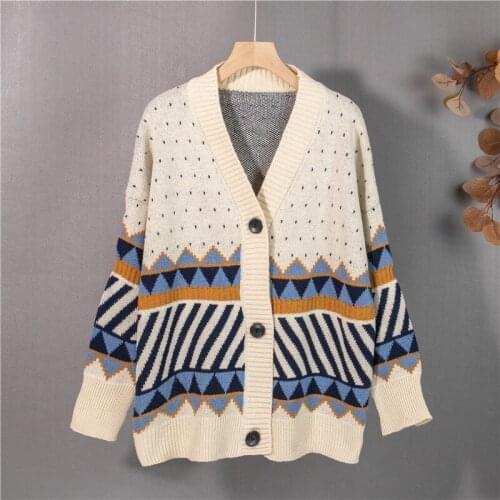 New 2021 Womens Autumn Winter Plaid Sweaters Jacket V-Neck Oversized Elegant Buttons Knitted Cardigans Checkered Vintage Tops