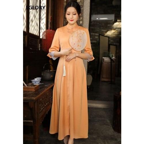 Top Quality Brand Chinese Long Dress Plus Size Clothing Women Luxurious Embroidery 3/4 Sleeve Big Swing Party Vintage Maxi Dress