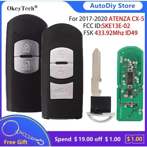 Okeytech 2/3 Buttons Smart Key For Mazda CX-5 ATENZA 2017-2020 Auto Remote Control Key FSK 433.92Mhz ID49 Chip FCC ID:SKE13E-02