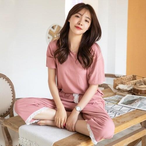 Summer Thin Model Cotton Lace Pajamas Women Short Sleeve Lazy Womens Two Piece Sets Round Neck Trousers Pajama Full Length Solid