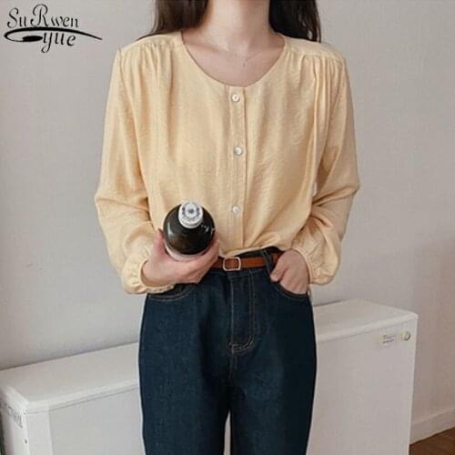 Simple Solid Color Wild Puff Long Sleeve Womens Shirt Korean Sweet Light Yellow Blouse Women Office Lady Top Blusas Mujer 11192