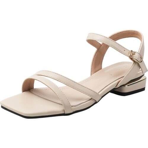 New Ladies Sandals Ankle Strap Personalized Square Toe Cap Metal Button Low-Heel Rubber Sole Summer Womens Sandals