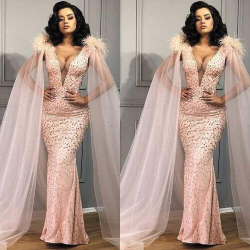 SuperKimJo Vestido Fiesta Feather Evening Dresses Long Beaded Dubai Caftan Fashion Modest Elegant Evening Gown Robe De Soiree
