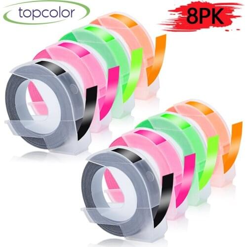 Topcolor 8PK Colorful 3D Embossing Label Tape Replace Dymo Manual Labeller Maker Black Fluorescent Tape for Dymp 12814 1540 1610
