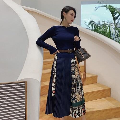 High Quality for Women Vintage Print Knitted Patchwork Long Sleeve Mid-Calf Length Casual Long Sweater Vestidos 2019
