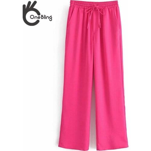 OneBling Hot Pink Loose Long Pants Summer Autumn Fashion Tie Front Elastic High Waist Casual Straight Pants Women Trousers Traf