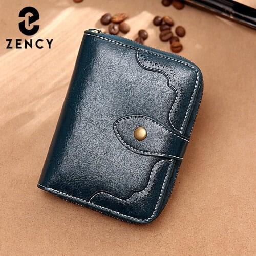Zency Hollow Out Women Short Wallet 100% Genuine Leather Zipper Hasp Fashion Brown Clutch Purse Classic Black Photo Card Holder