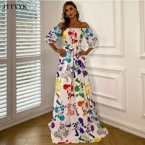 2021 Summer One Shoulder Floor-length Dress Women Elegant Floral Print Long Party Dress Lady Short Sleeve Casual Boho Maxi Dress