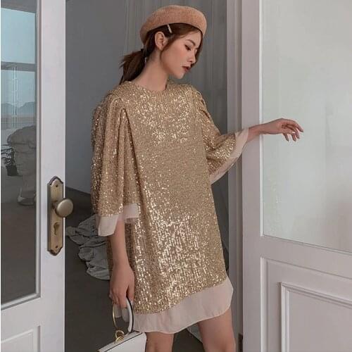 Cakucool New Three Quarter Sleeve Dress Shiny Gold Sequined Bling Short Vestido Chic Loose Cloak Elegant Koren Dress Mujer Vadim