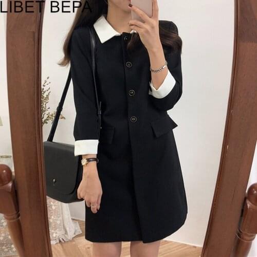 2021 New Spring Autumn Women Dresses High Waist Casual Single Breasted Fashionable Preppy Style Patchwork Slit Lady Dress DR203
