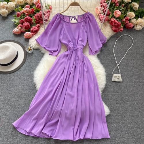 2021 New French Vestidos Female Summer Dress Round Neck Trumpet Sleeve Temperament Slim Pleated Chiffon Midi Dress GK797