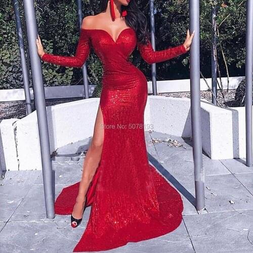 141 Red Sweetheart Off-The-Shoulder Mermaid/Trumpet Floor-Length sequins Formal Gowns Long Evening Prom Dresses Free Shipping
