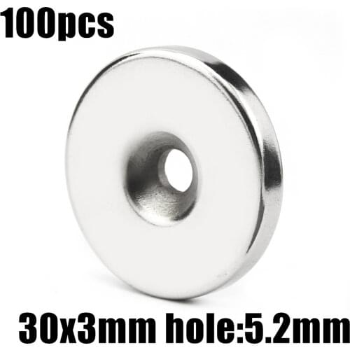 100pcs 30 x 3 mm Hole: 5mm super Strong Round Neodymium Countersunk Ring Magnets Rare Earth N50 Free Shipping